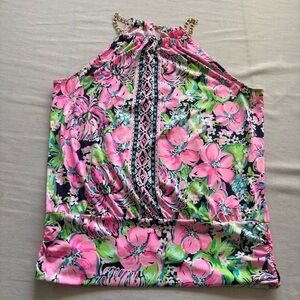 Lilly Pulitzer Bowen Chain Halter Top, Pink Floral, Sleeveless, L | Resort Chic